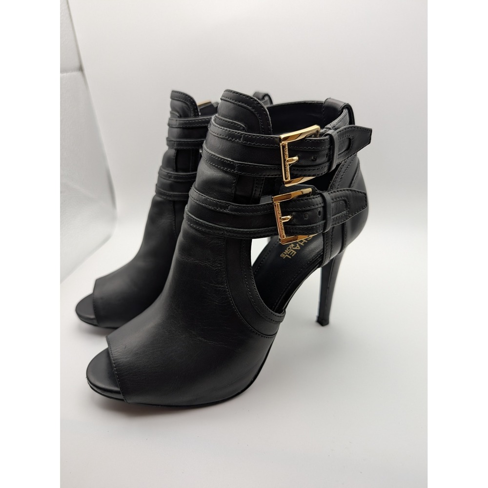 Michael Kors Blaze Peep Toe Bootie Black Leather Gold Buckle Womens 6M PW17C